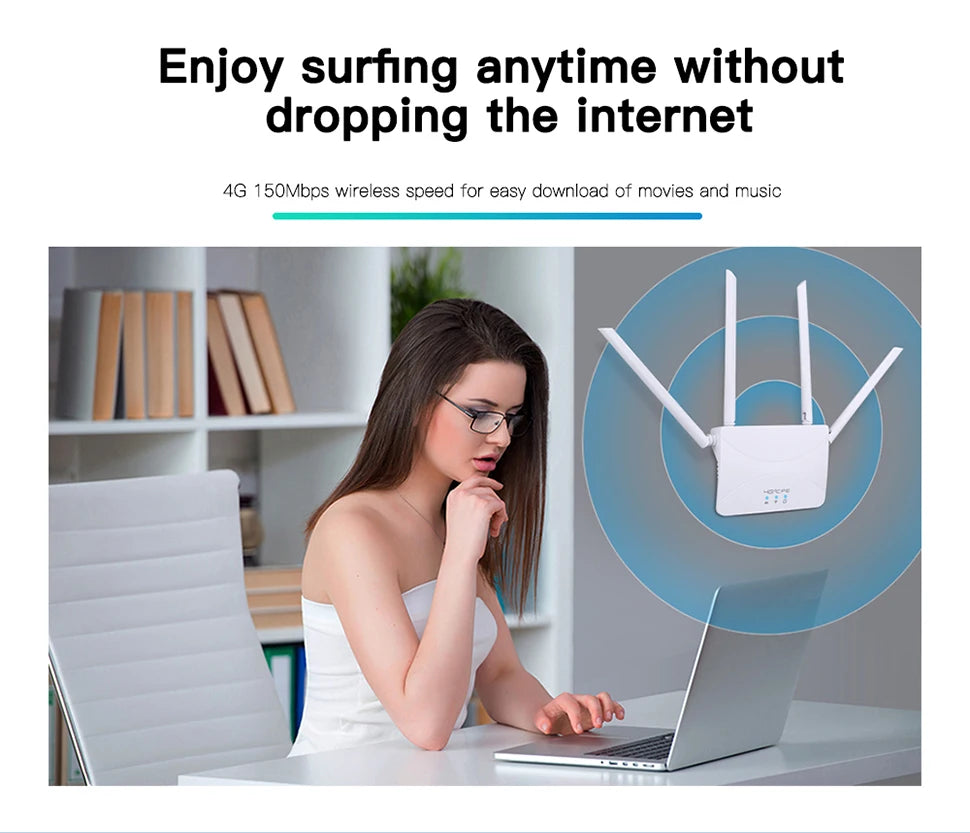 Router WIFI 4G LTE de 150Mbps, 4 antenas externas, potenciador de señal de potencia, punto de acceso más suave, conexión con cable, tarjeta Micro SIM inteligente